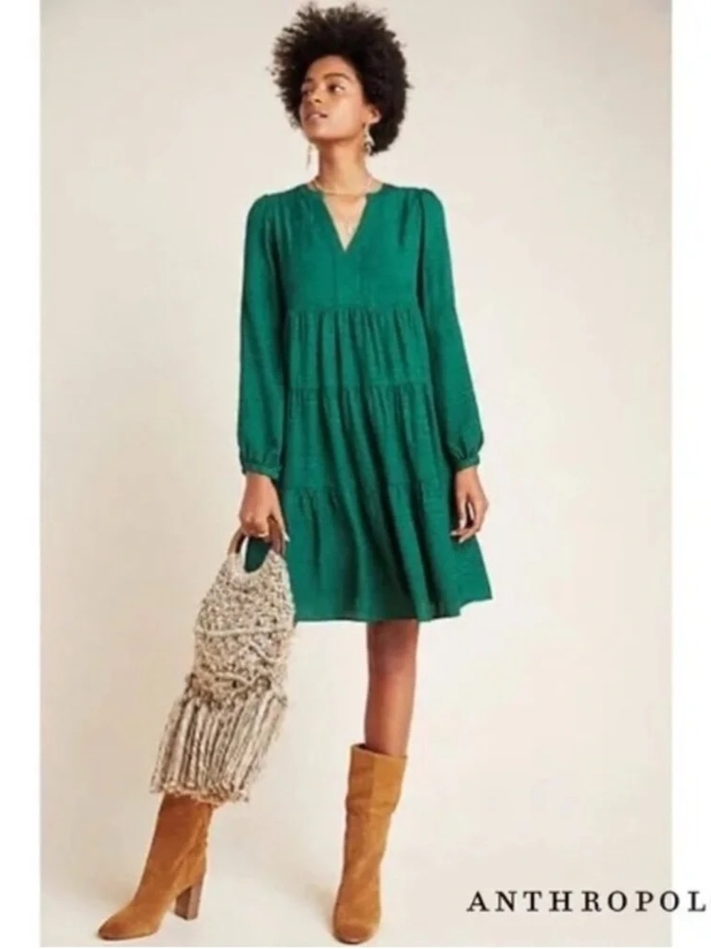 Anthropologie Green Tiered Long Sleeve V-Neck Dress